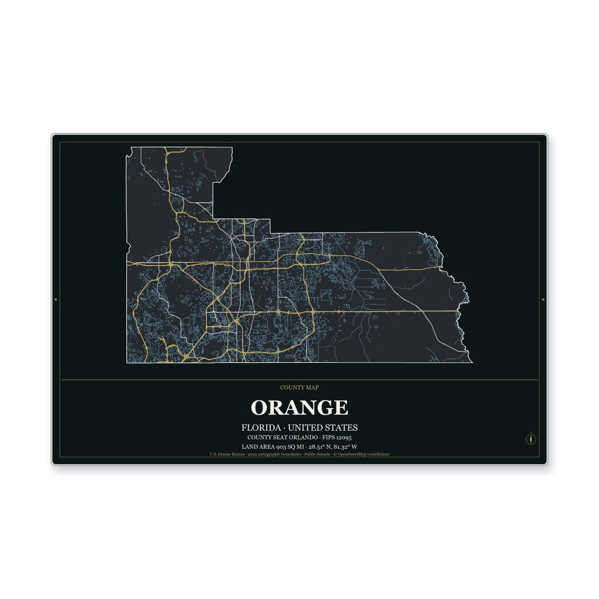 Orange County, Florida Map Aluminum Sign in Metropolitan Noir style
