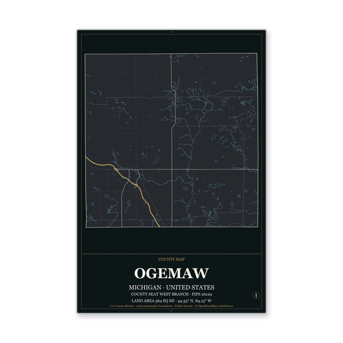 Ogemaw County, Michigan Map Aluminum Sign in Metropolitan Noir style
