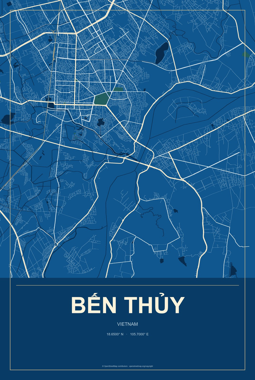 Bến Thủy, Vietnam City Map Aluminum Sign in Harbor Cobalt style