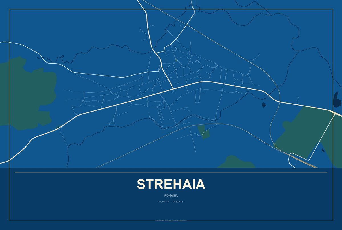 Strehaia, Romania City Map Aluminum Sign in Harbor Cobalt style