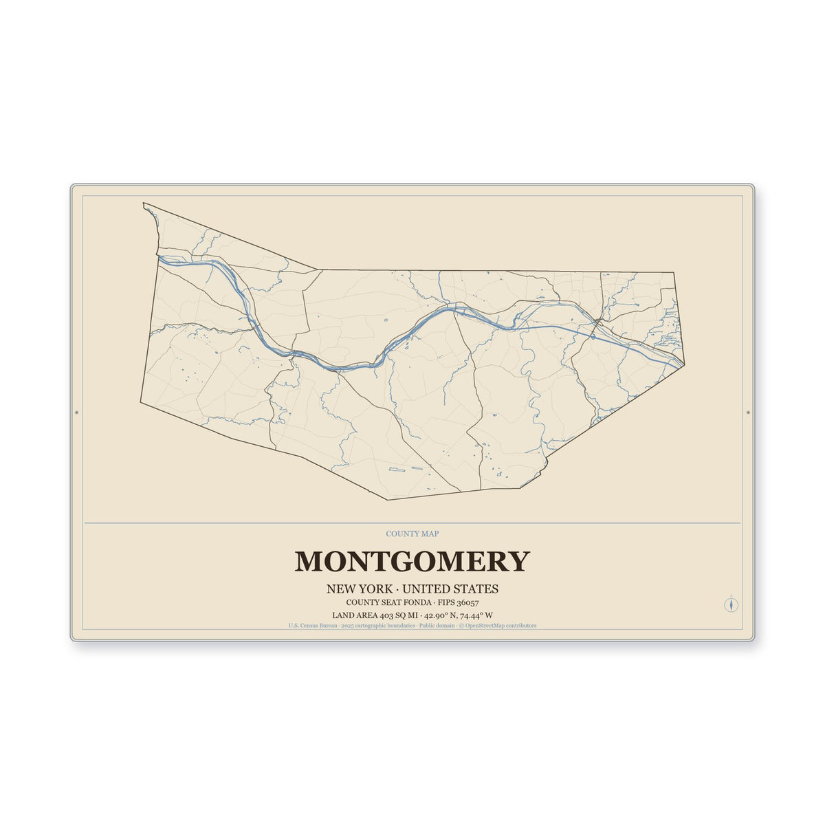 Montgomery County, New York Map Aluminum Sign in Heritage Nautical style