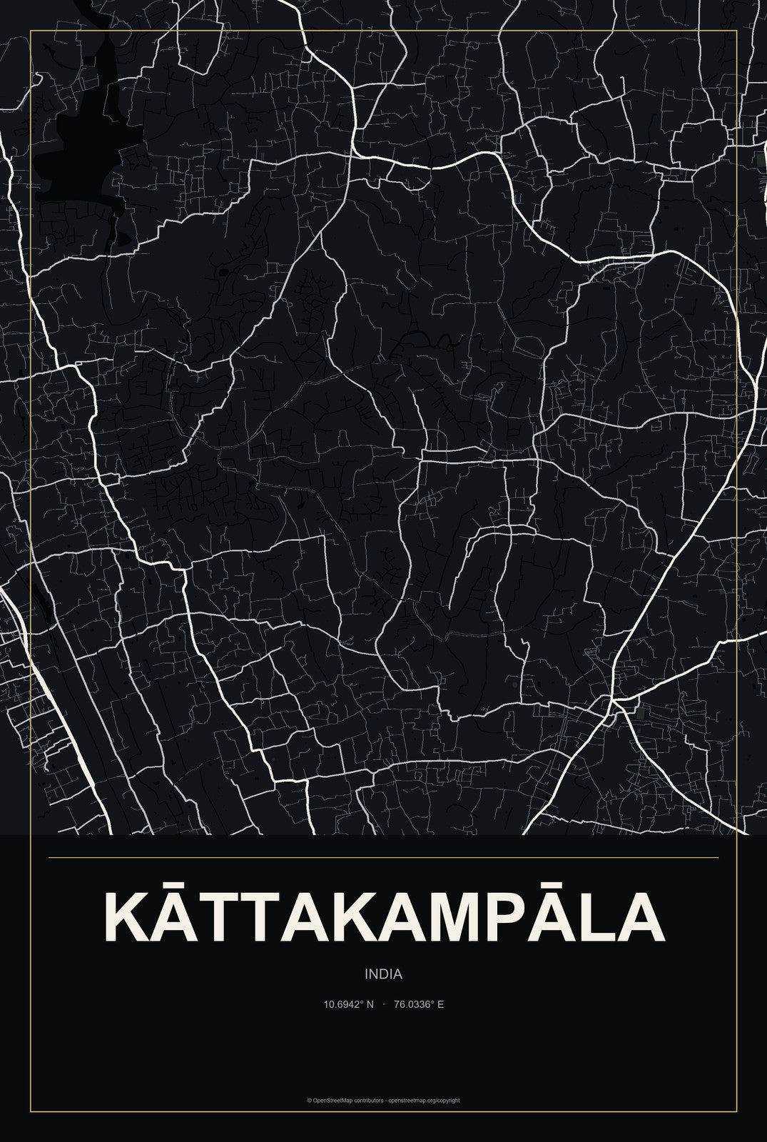Kāttakampāla, India City Map Aluminum Sign in Metropolitan Noir style