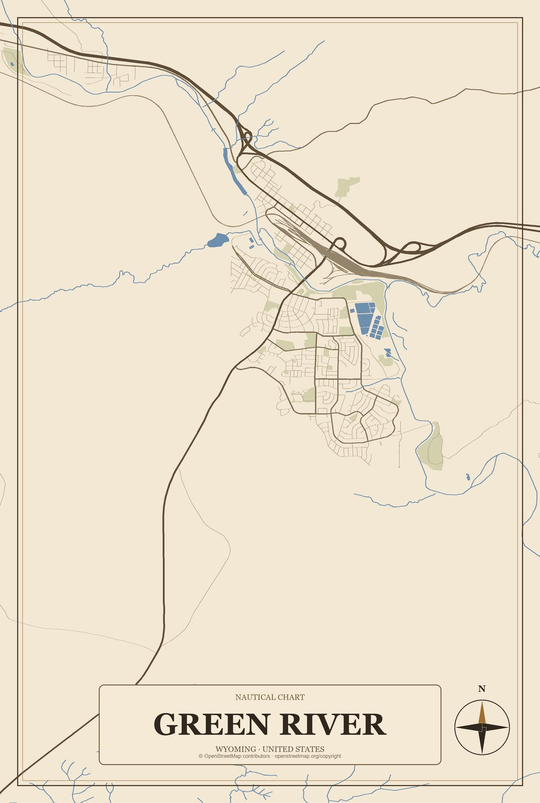 Green River, Wyoming City Map Aluminum Sign in Heritage Nautical style