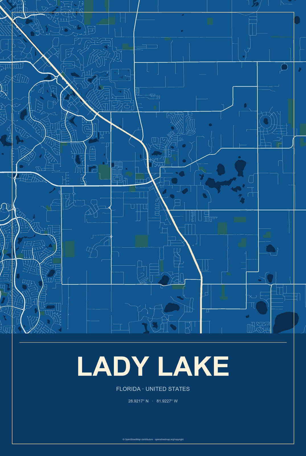 Lady Lake, Florida City Map Aluminum Sign in Harbor Cobalt style