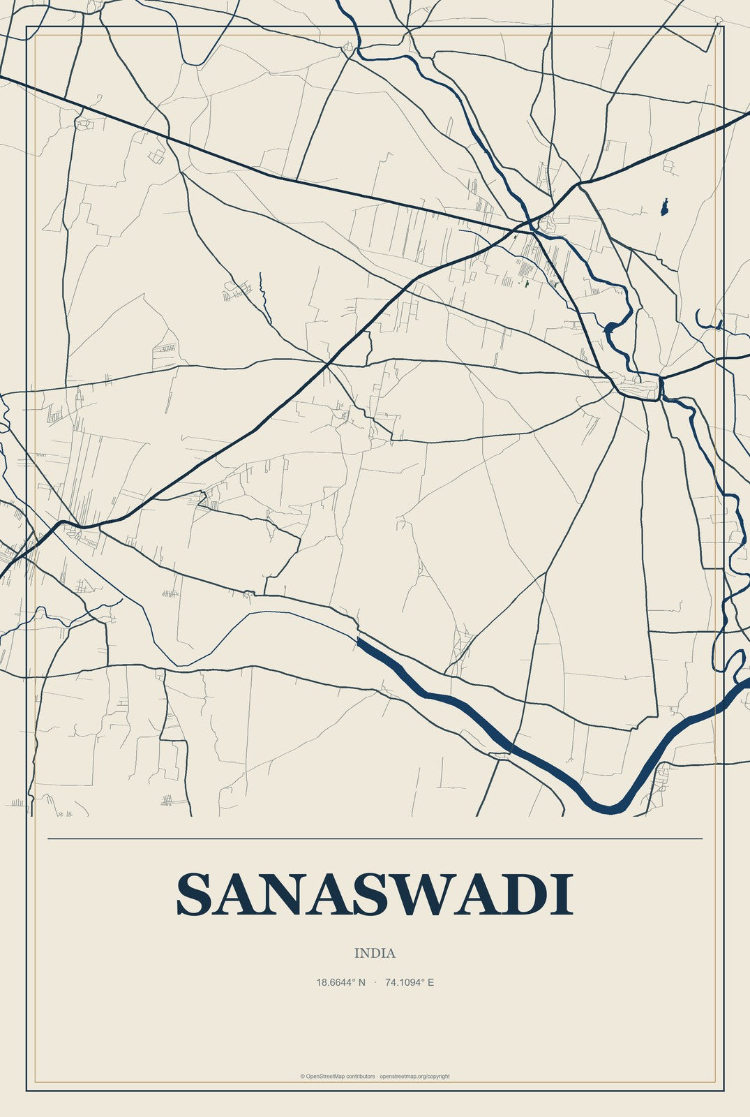 Sanaswadi, India City Map Aluminum Sign in Coastal Cutout style