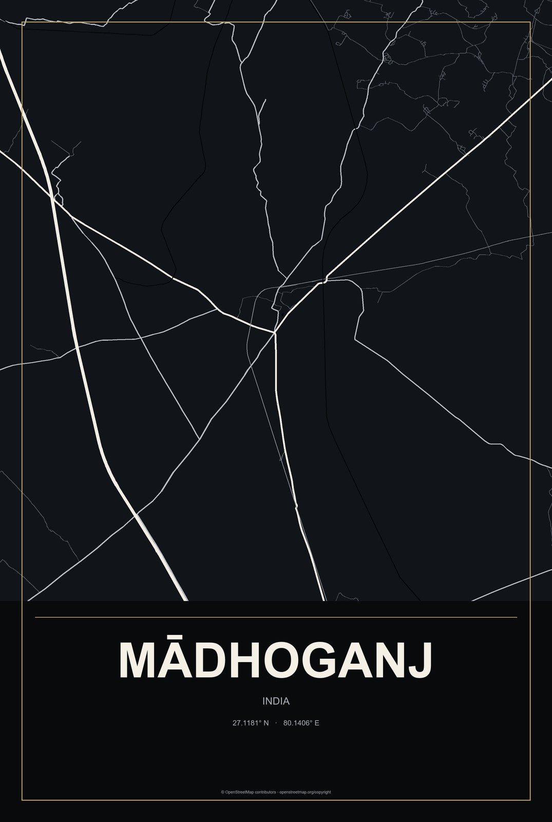 Mādhoganj, India City Map Aluminum Sign in Metropolitan Noir style