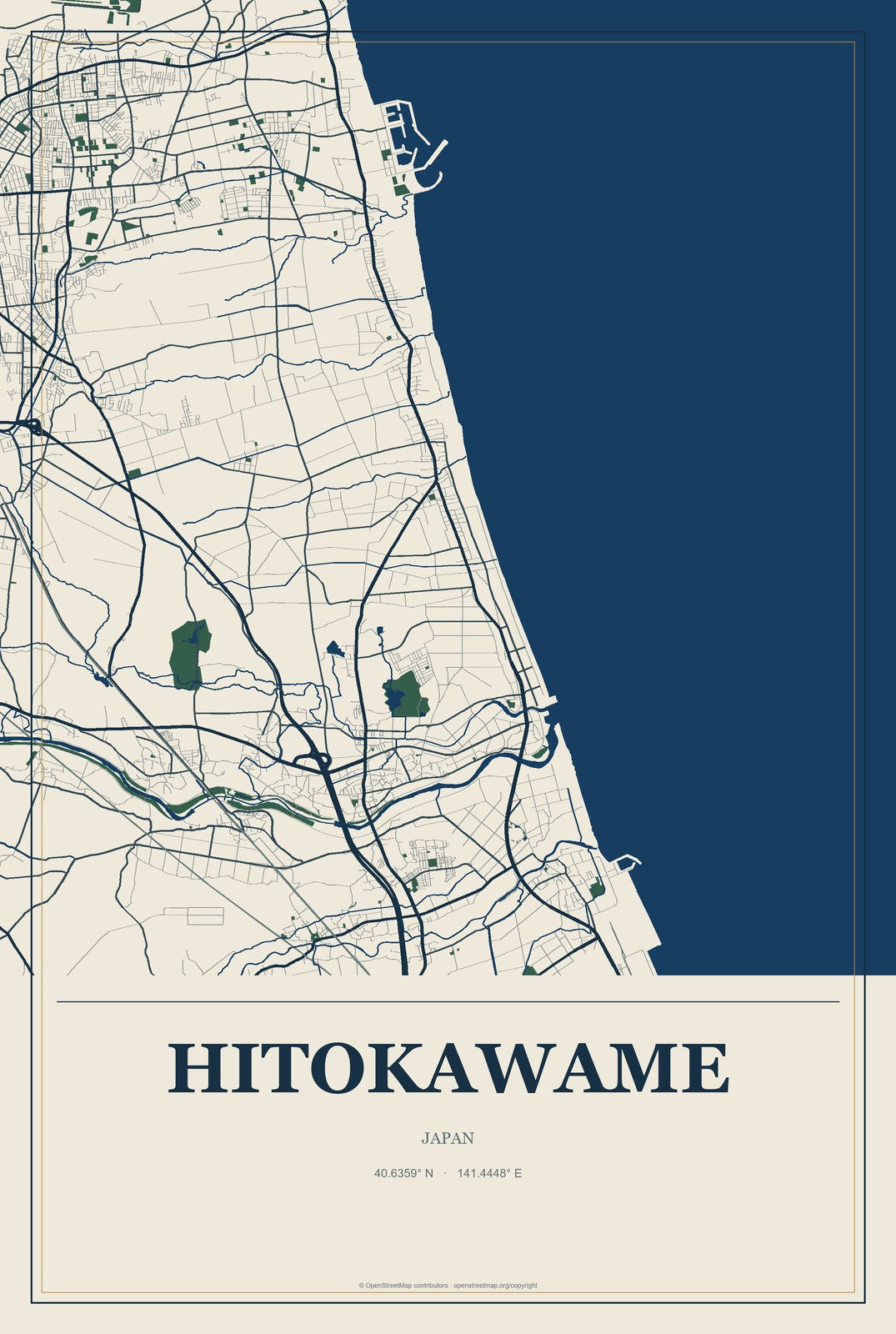 Hitokawame, Japan City Map Aluminum Sign in Coastal Cutout style