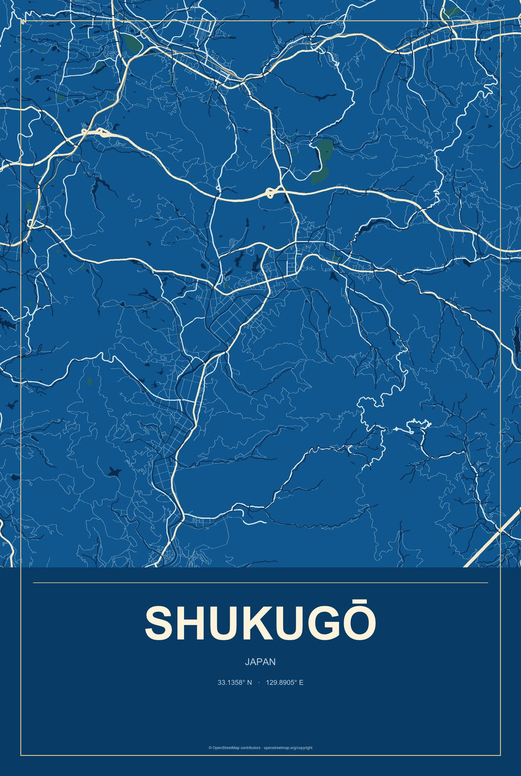 Shukugō, Japan City Map Aluminum Sign in Harbor Cobalt style