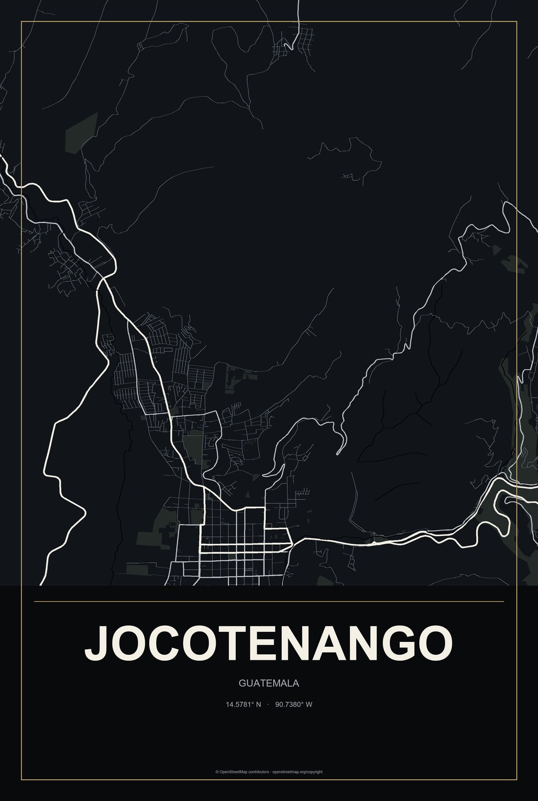 Jocotenango, Guatemala City Map Aluminum Sign in Metropolitan Noir style