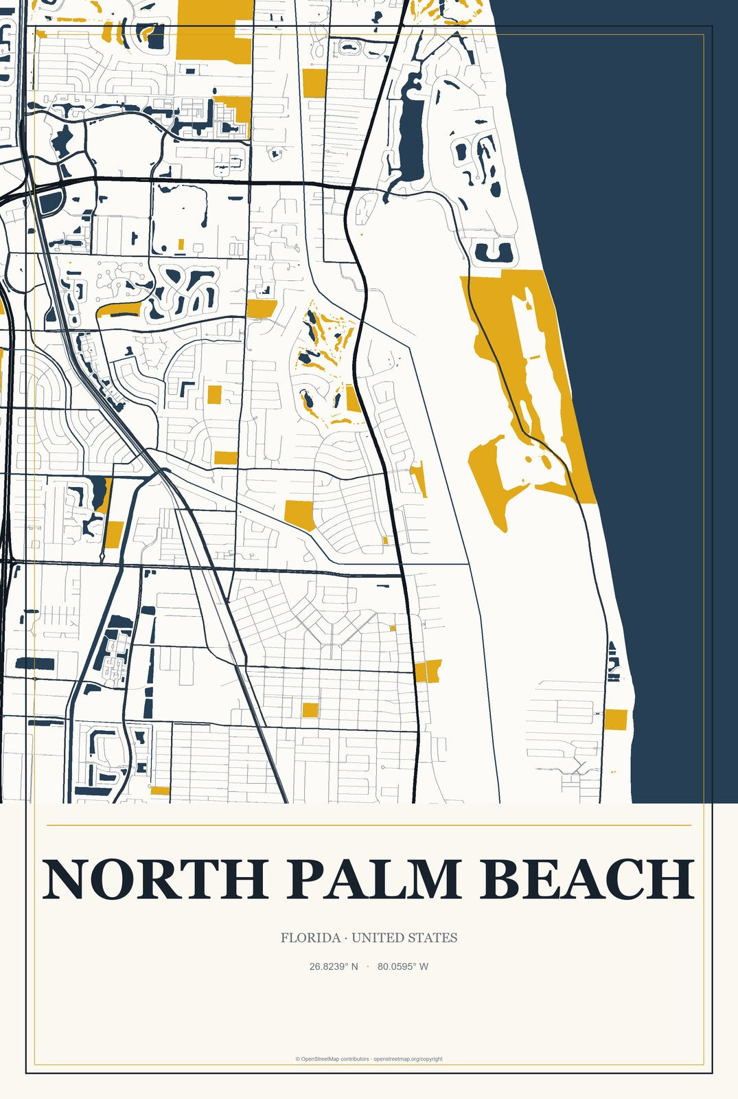 North Palm Beach, Florida City Map Aluminum Sign in Citrine Modern style