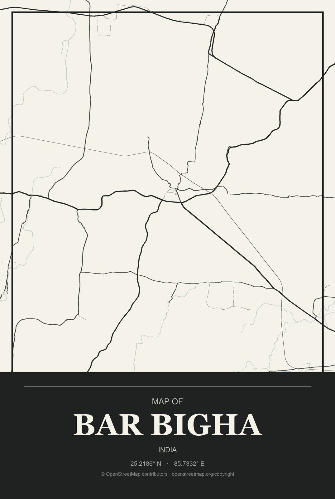Bar Bigha, India City Map Aluminum Sign in Museum Plaque style