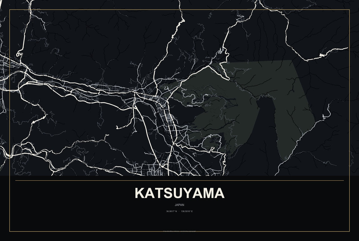 Katsuyama, Japan City Map Aluminum Sign in Metropolitan Noir style