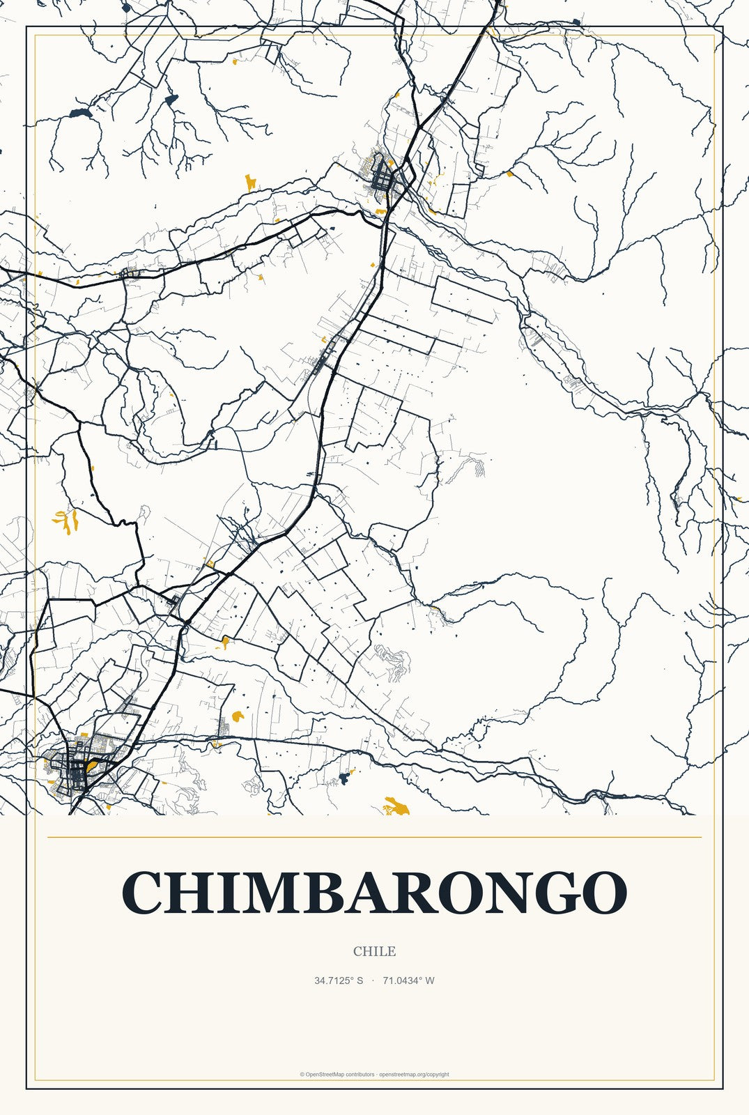 Chimbarongo, Chile City Map Aluminum Sign in Citrine Modern style