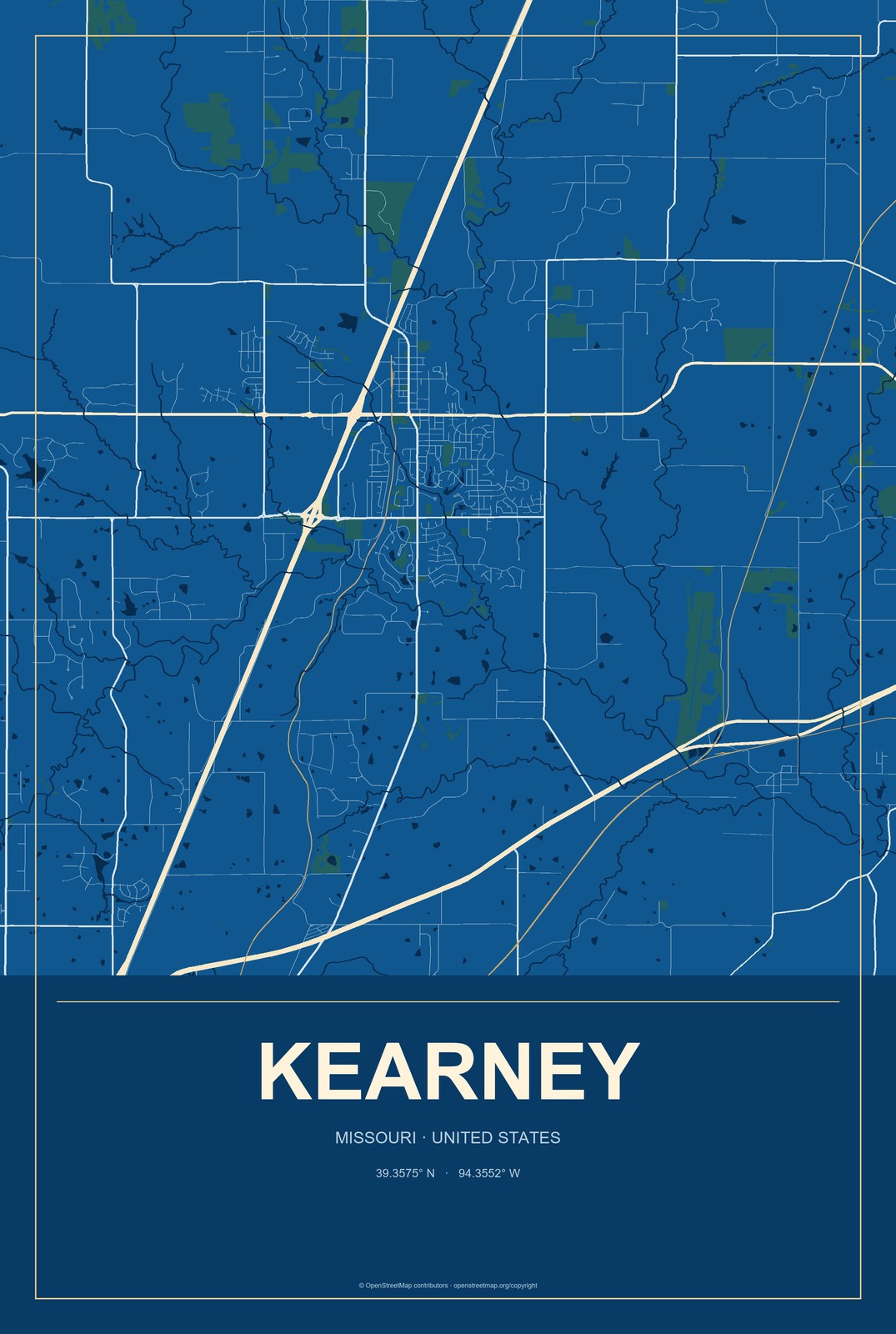 Kearney, Missouri City Map Aluminum Sign in Harbor Cobalt style