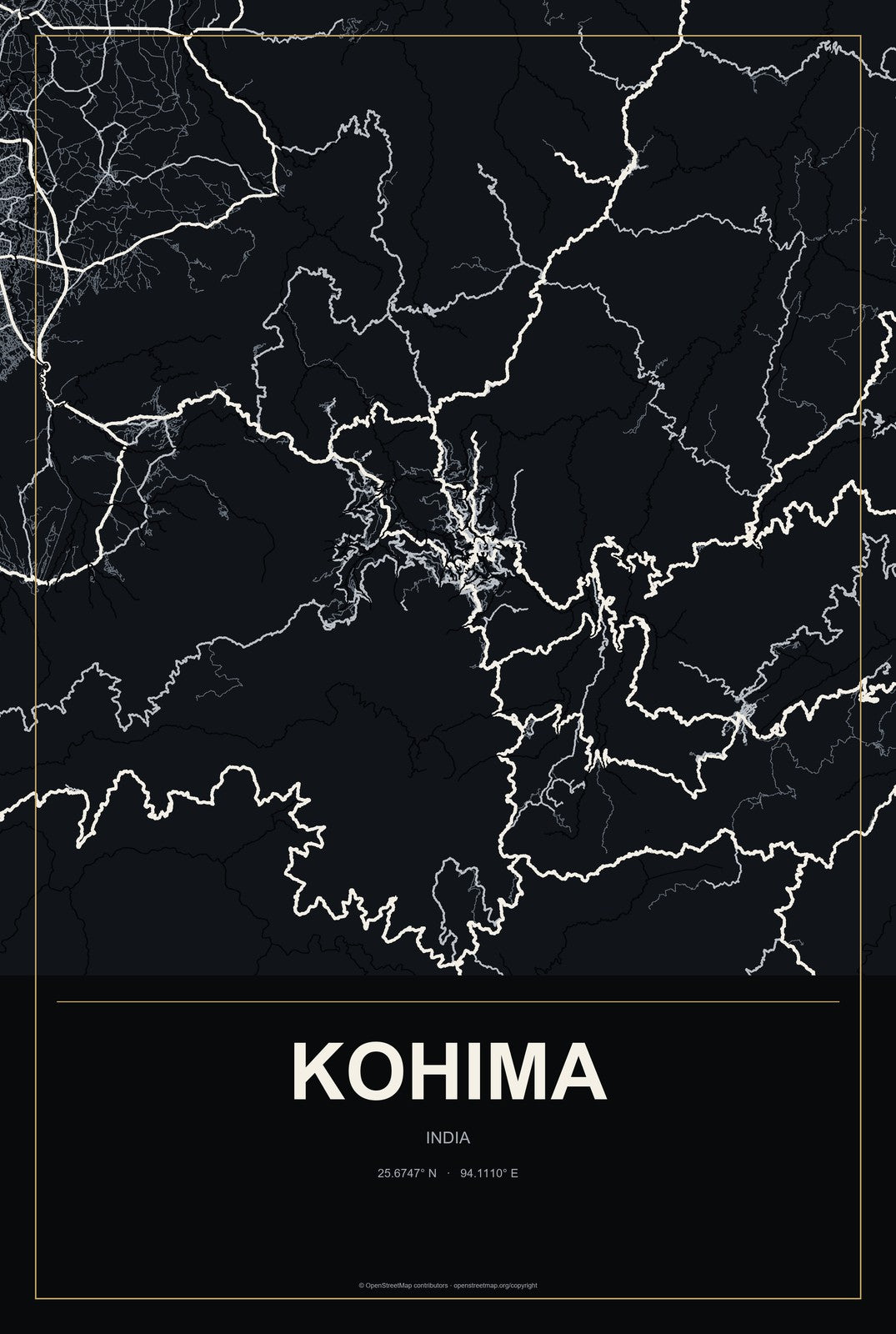 Kohima, India City Map Aluminum Sign in Metropolitan Noir style