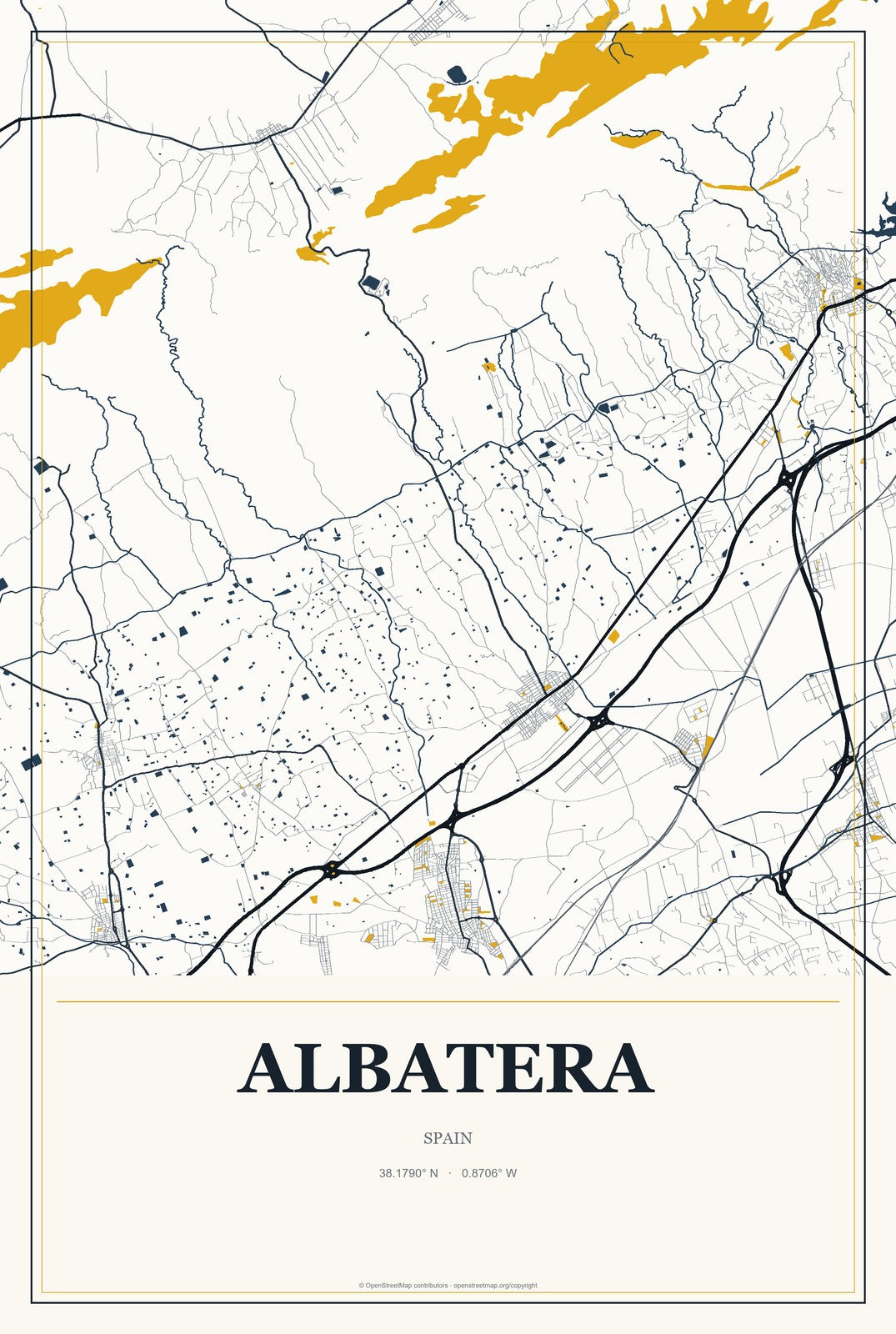 Albatera, Spain City Map Aluminum Sign in Citrine Modern style