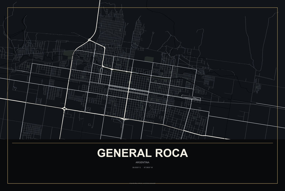 General Roca, Argentina City Map Aluminum Sign in Metropolitan Noir style