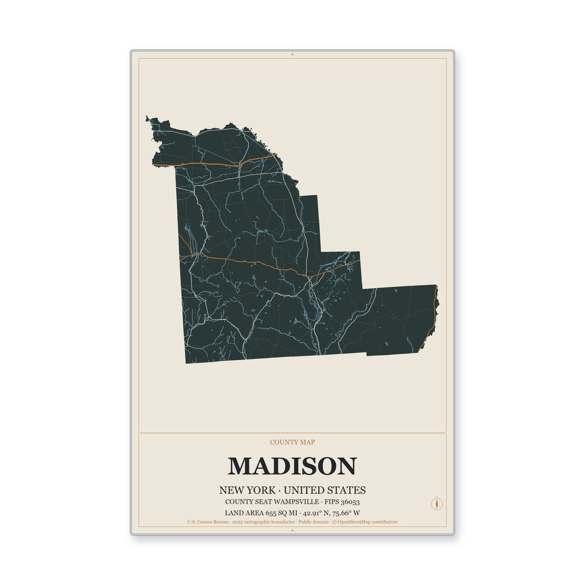 Madison County, New York Map Aluminum Sign in Headline Atlas style