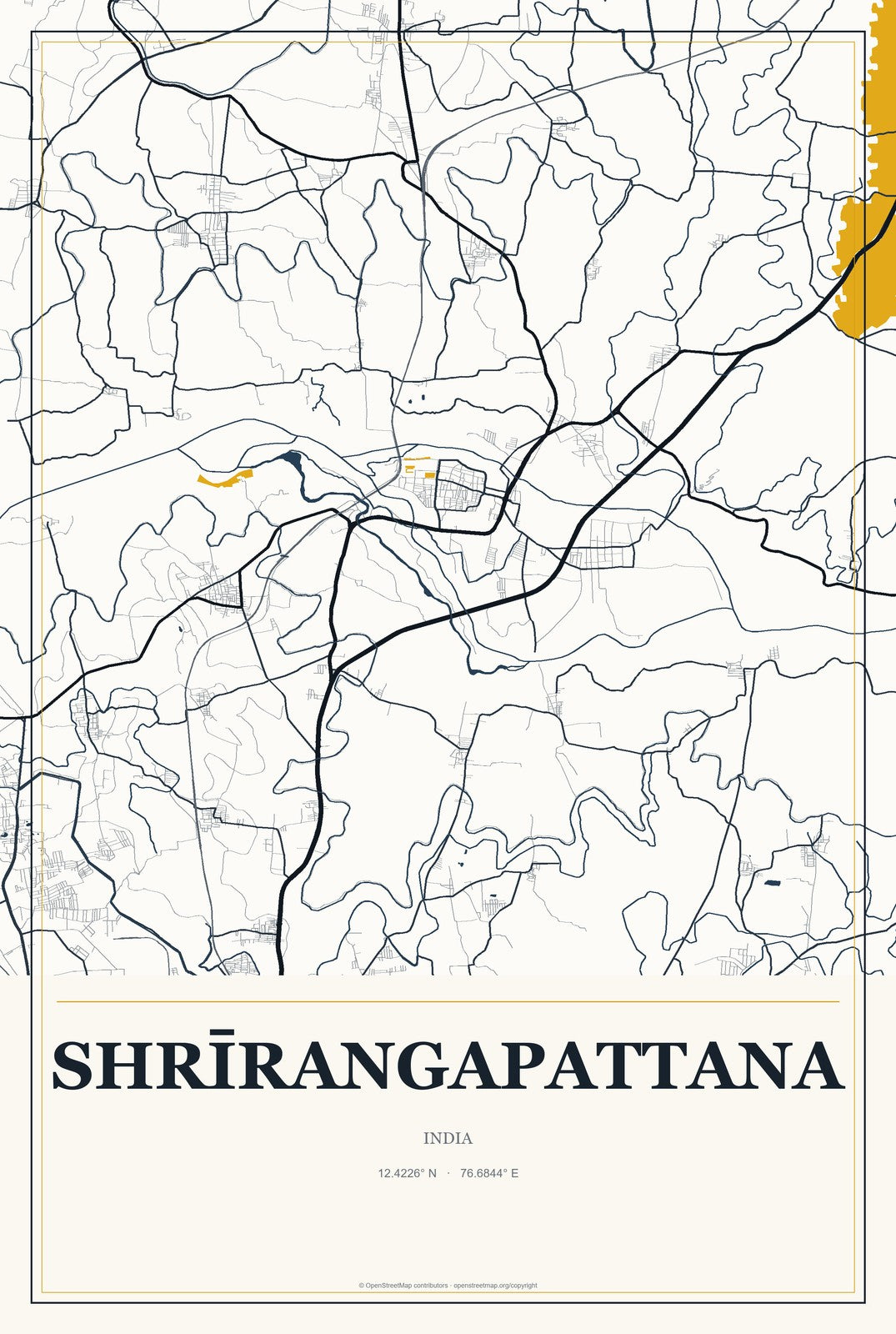 Shrīrangapattana, India City Map Aluminum Sign in Citrine Modern style
