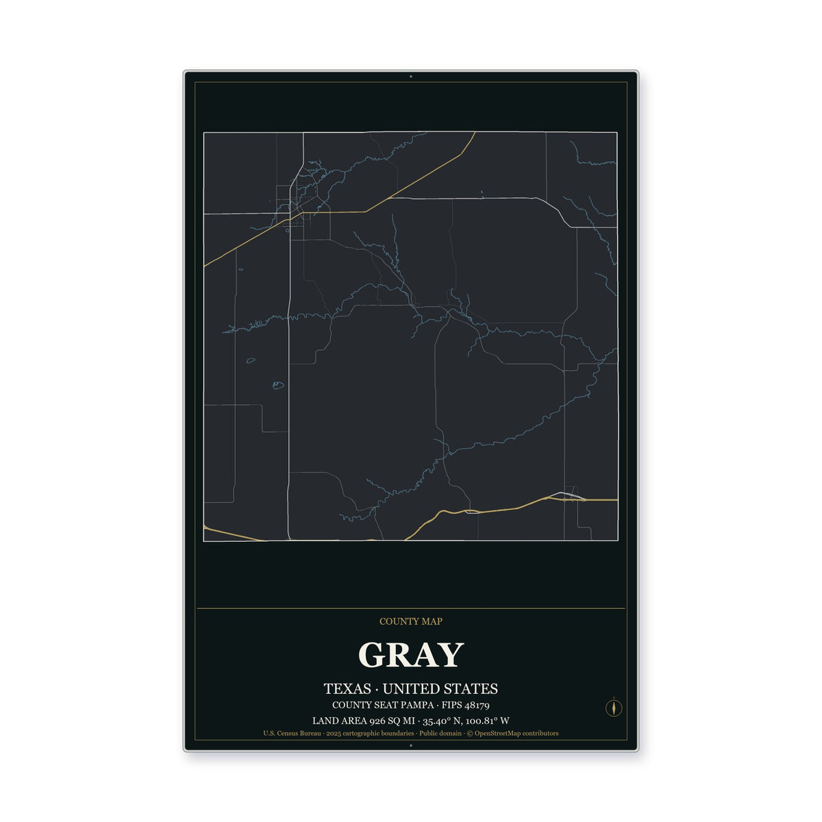 Gray County, Texas Map Aluminum Sign in Metropolitan Noir style