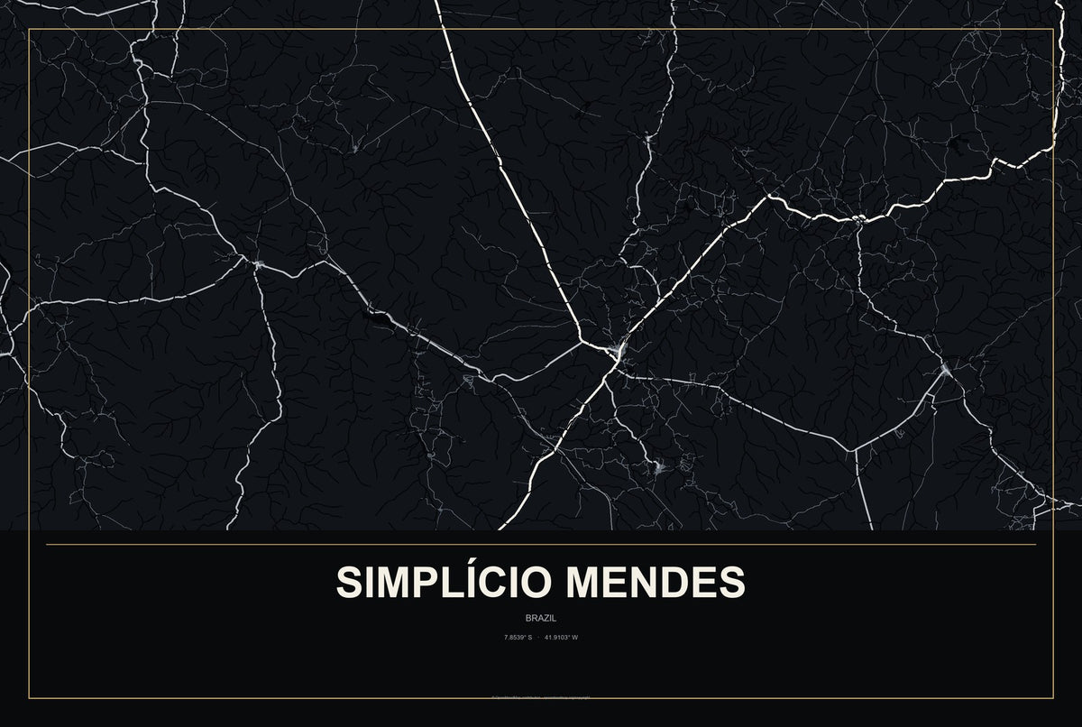Simplício Mendes, Brazil City Map Aluminum Sign in Metropolitan Noir style