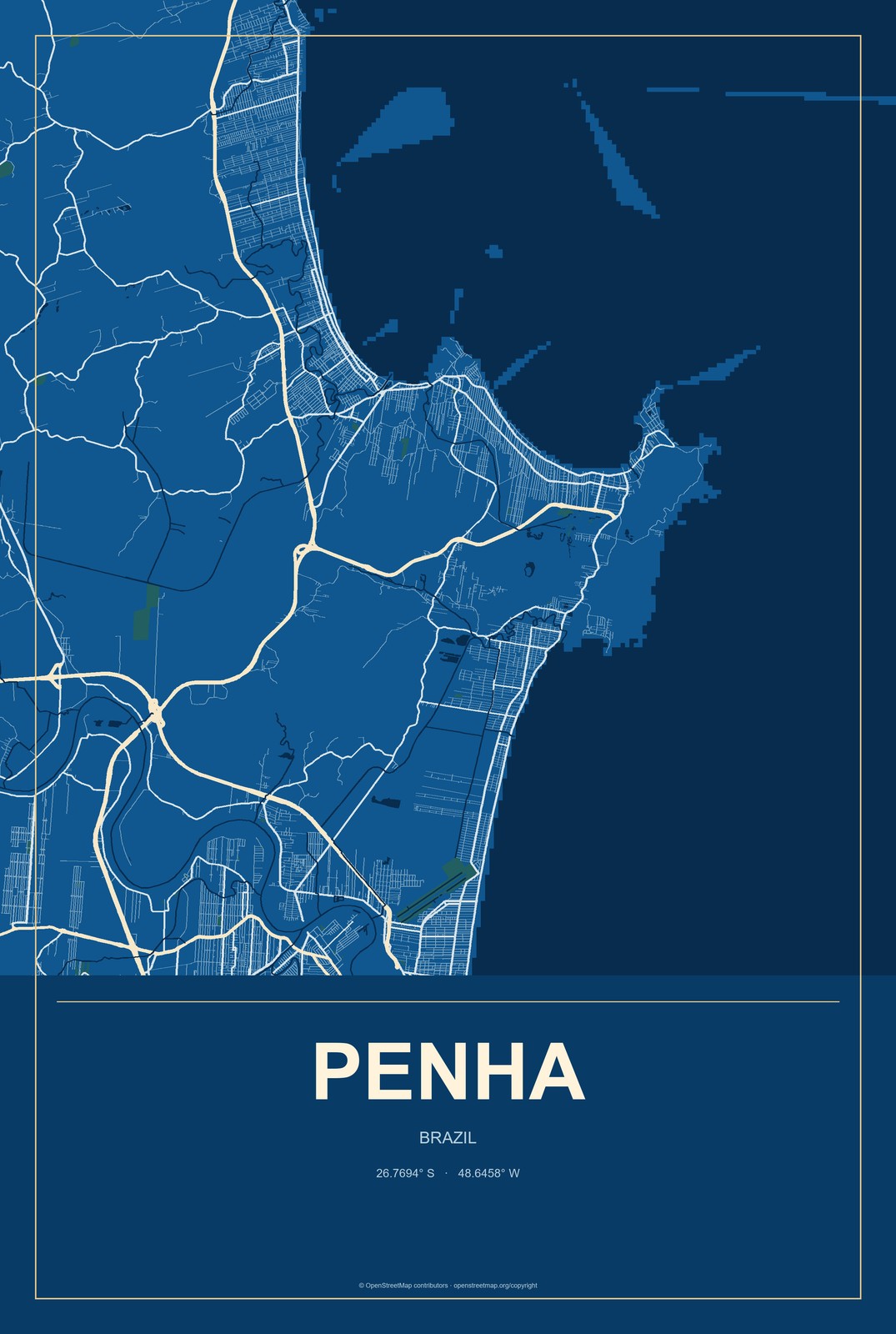 Penha, Brazil City Map Aluminum Sign in Harbor Cobalt style