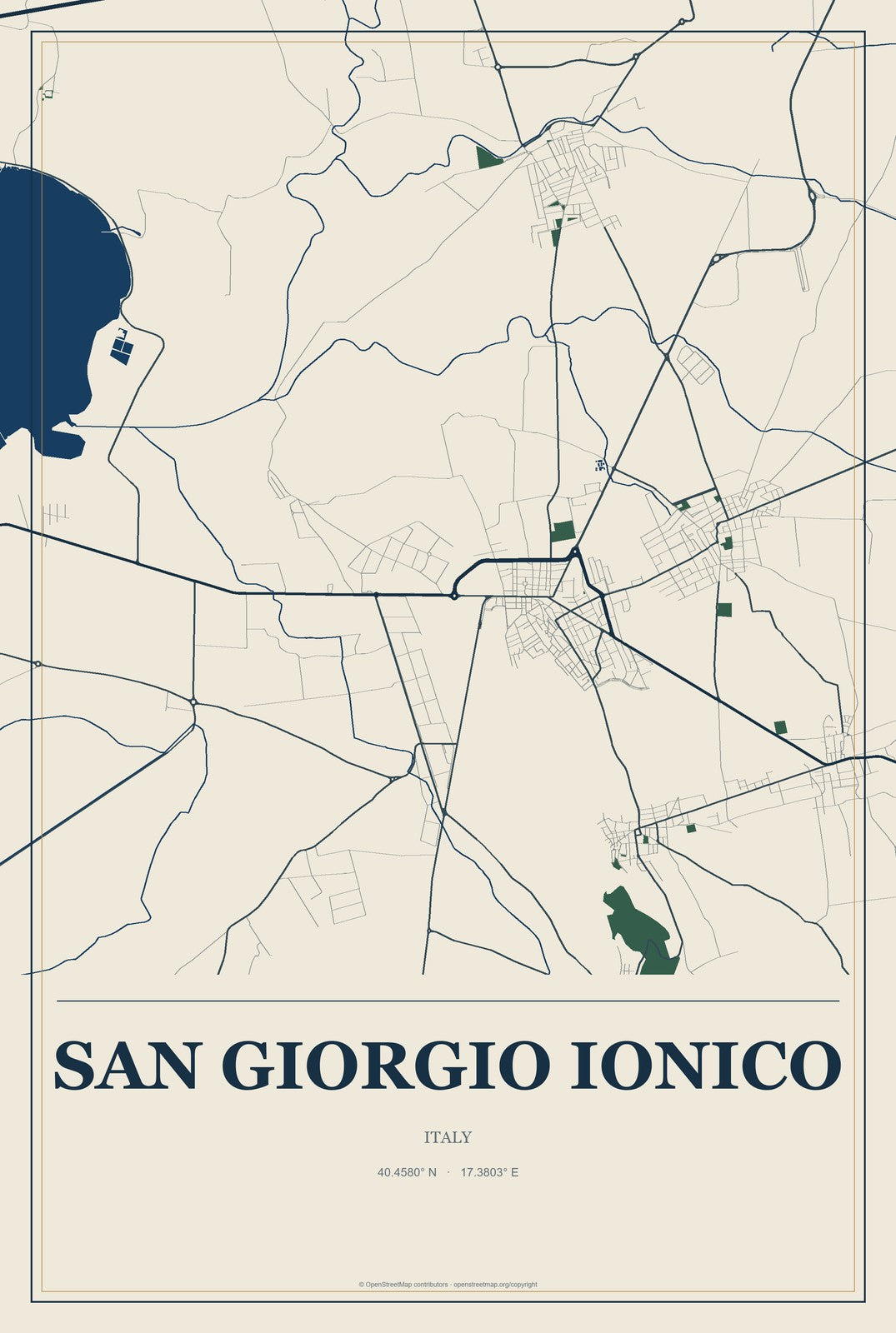 San Giorgio Ionico, Italy City Map Aluminum Sign in Coastal Cutout style