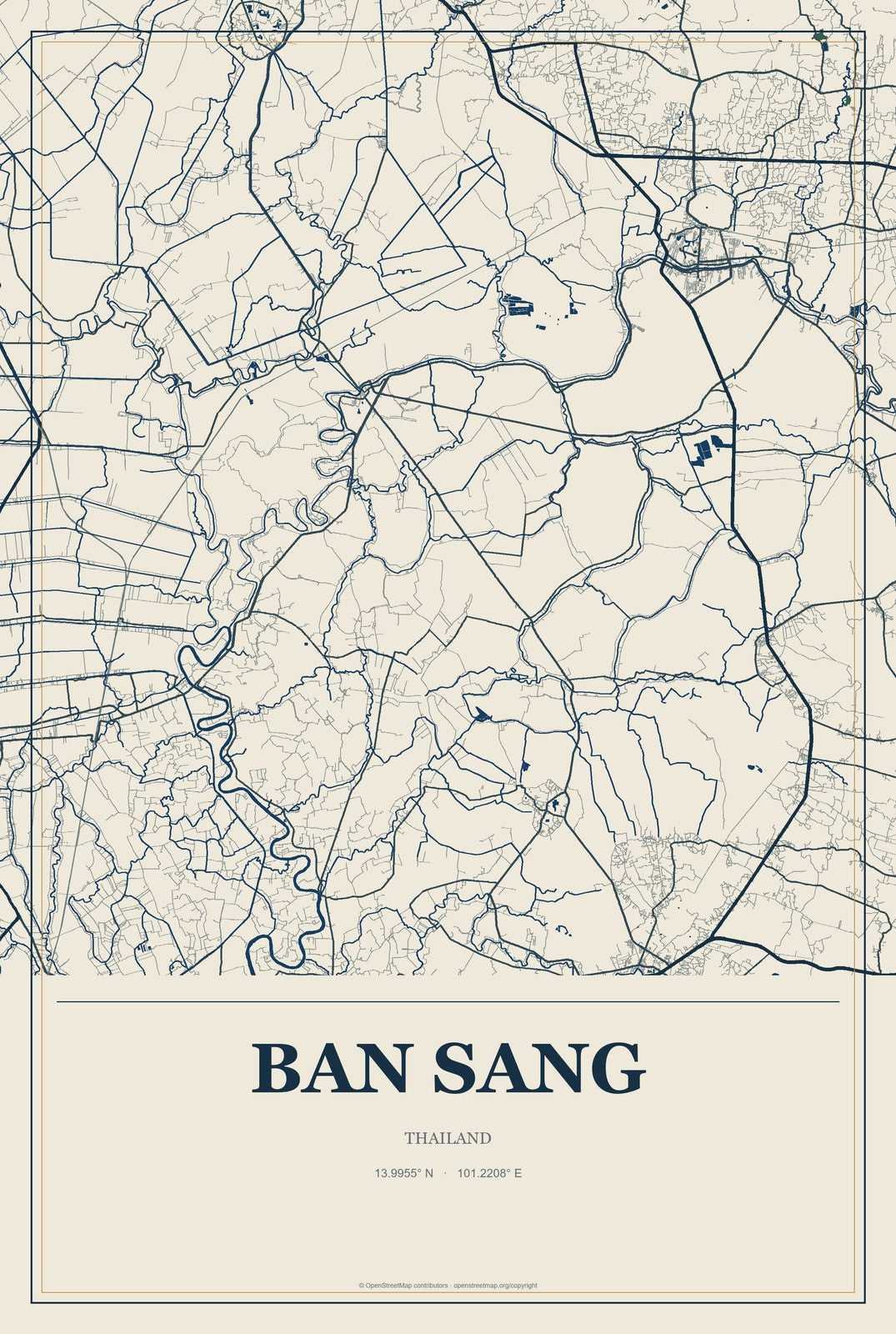 Ban Sang, Thailand City Map Aluminum Sign in Coastal Cutout style