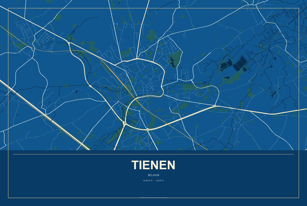 Tienen, Belgium City Map Aluminum Sign in Harbor Cobalt style