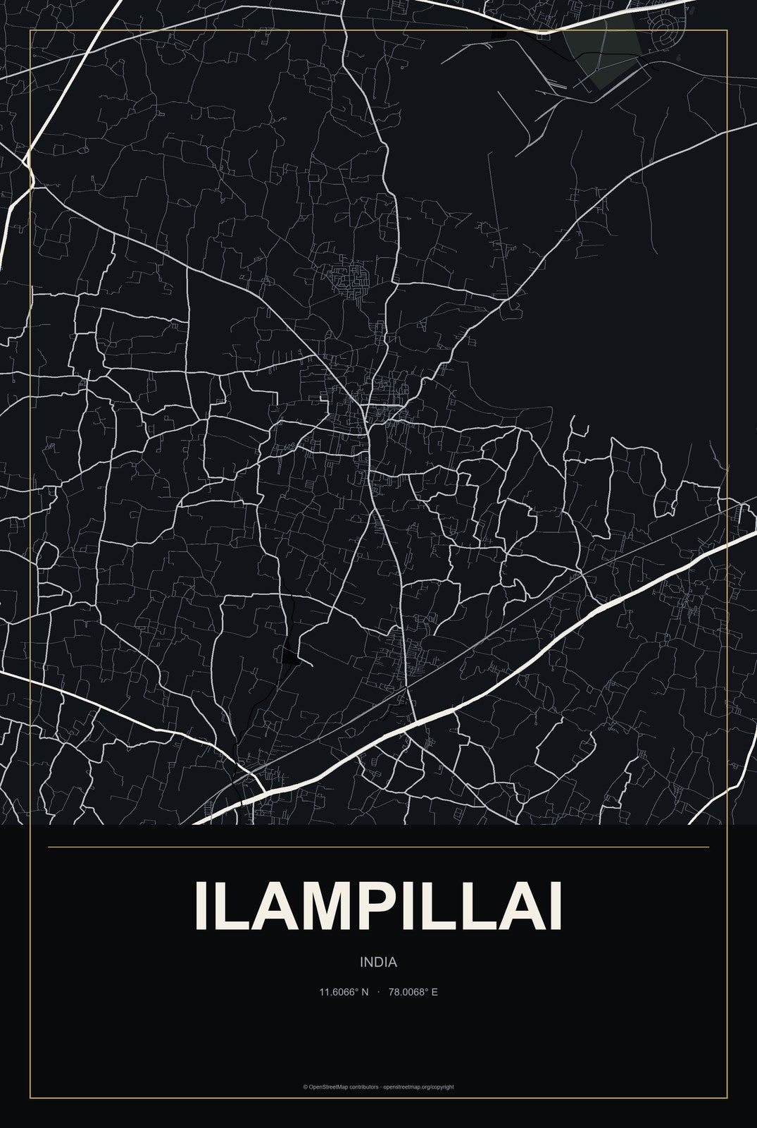Ilampillai, India City Map Aluminum Sign in Metropolitan Noir style