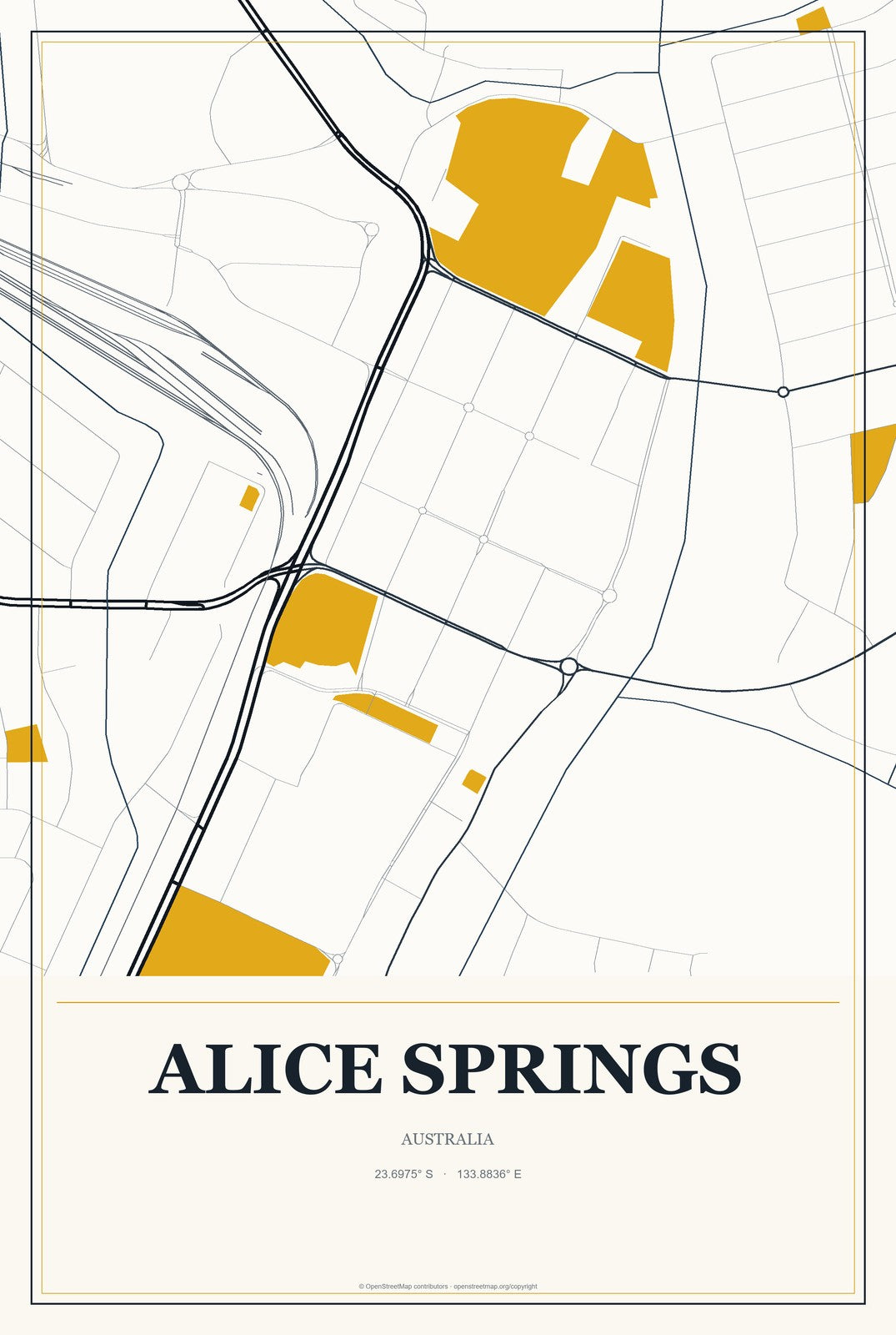Alice Springs, Australia City Map Aluminum Sign in Citrine Modern style
