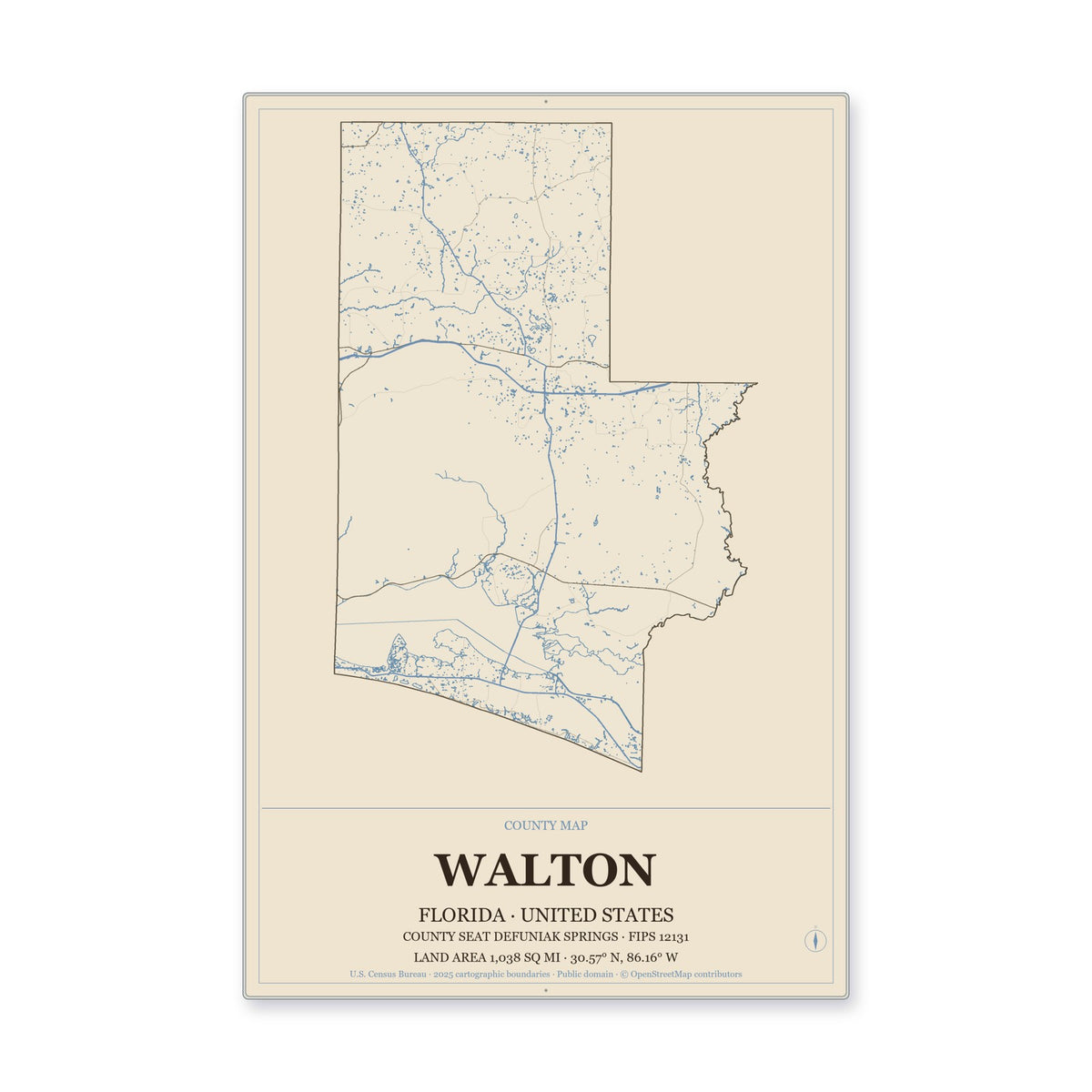 Walton County, Florida Map Aluminum Sign in Heritage Nautical style