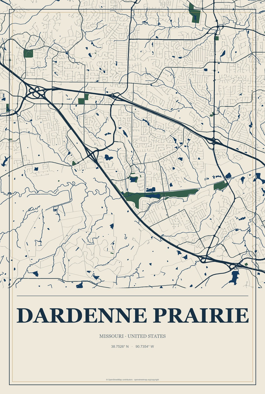 Dardenne Prairie, Missouri City Map Aluminum Sign in Coastal Cutout style
