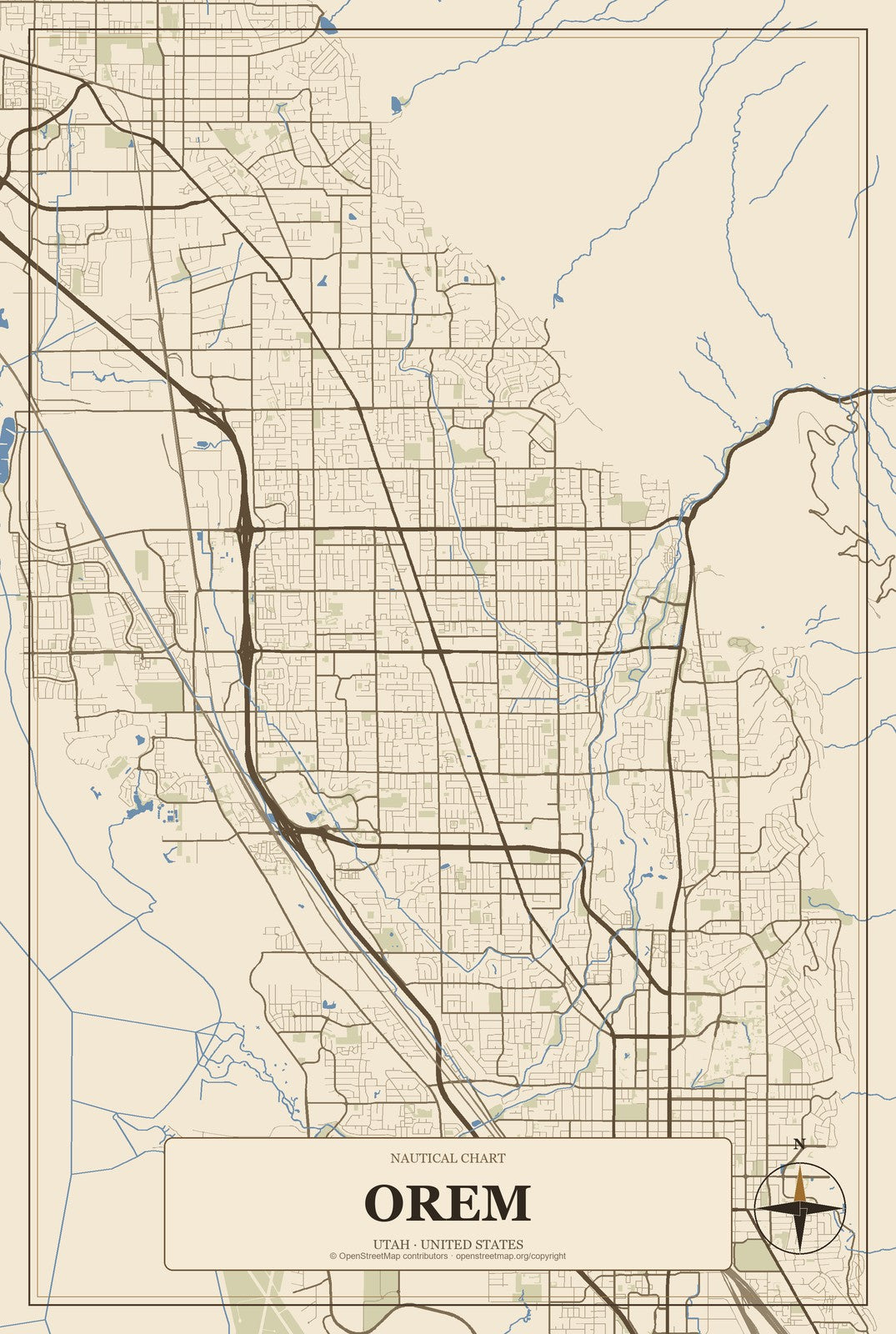 Orem, Utah City Map Aluminum Sign in Heritage Nautical style