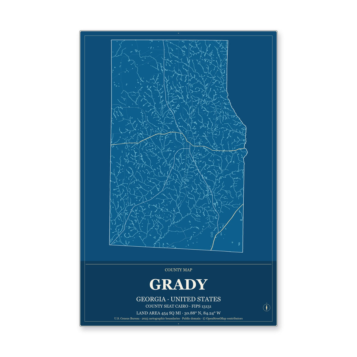 Grady County, Georgia Map Aluminum Sign in Harbor Cobalt style