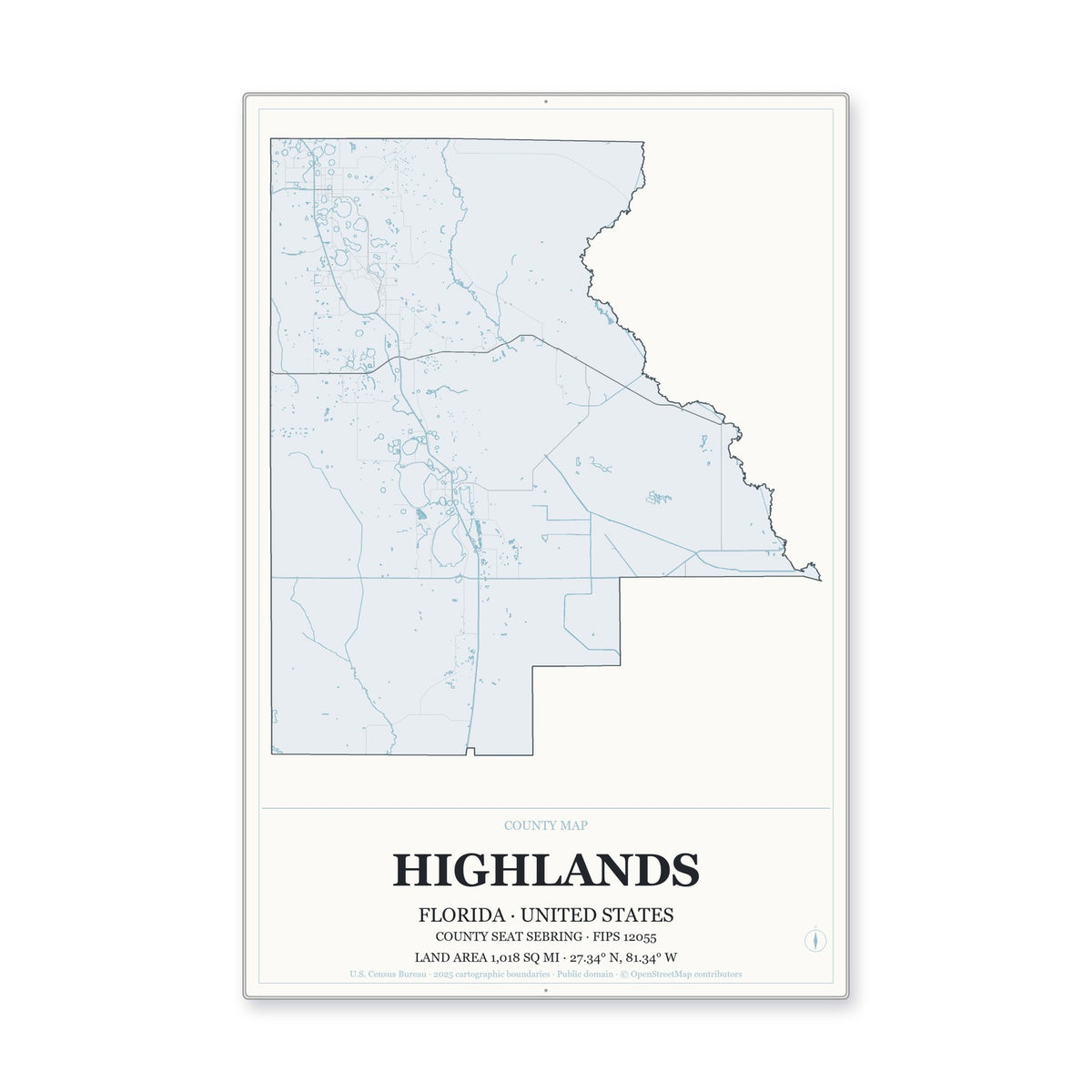 Highlands County, Florida Map Aluminum Sign in Gallery Air style