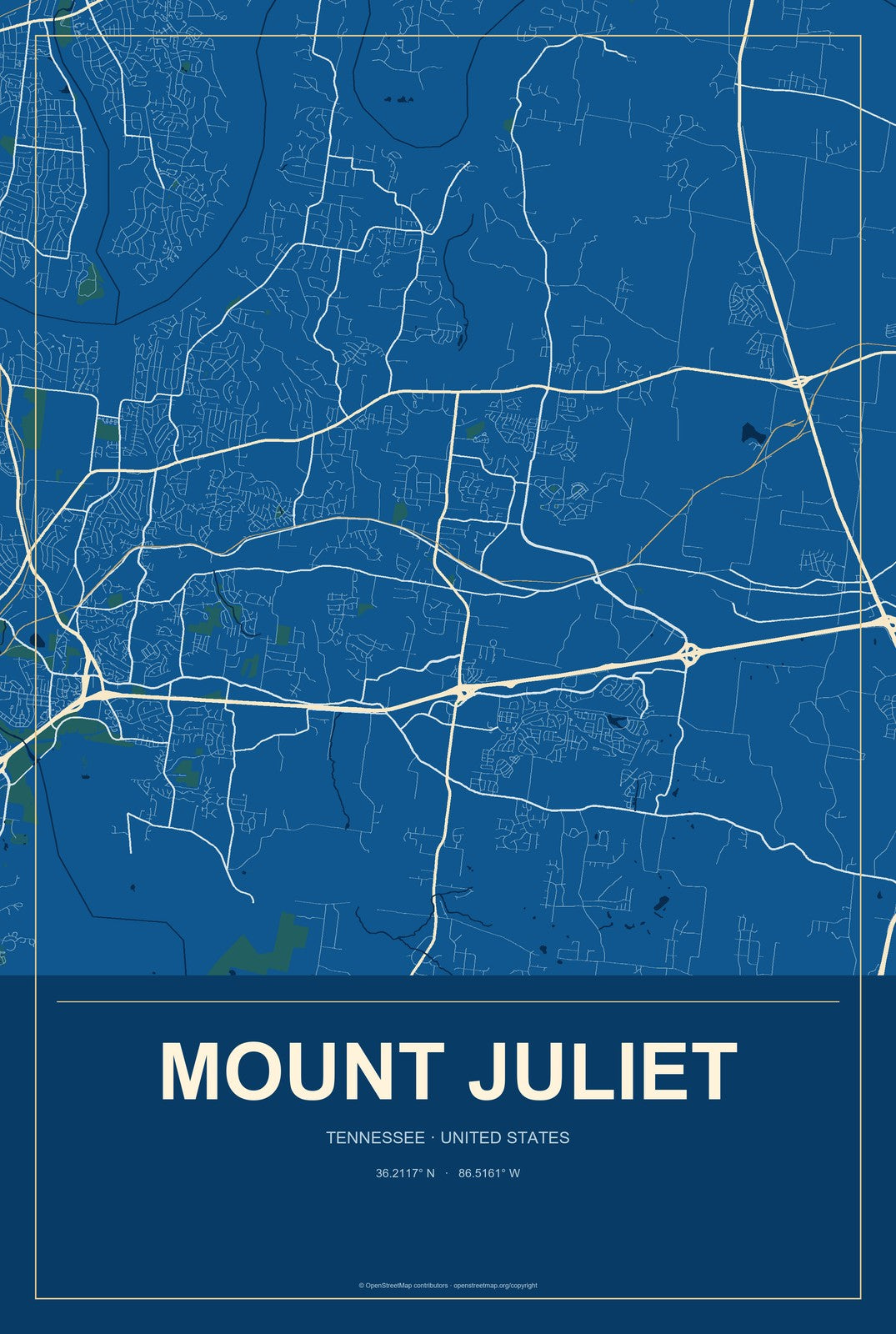 Mount Juliet, Tennessee City Map Aluminum Sign in Harbor Cobalt style
