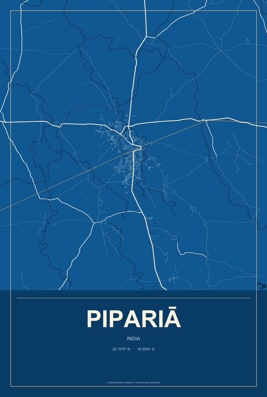 Pipariā, India City Map Aluminum Sign in Harbor Cobalt style