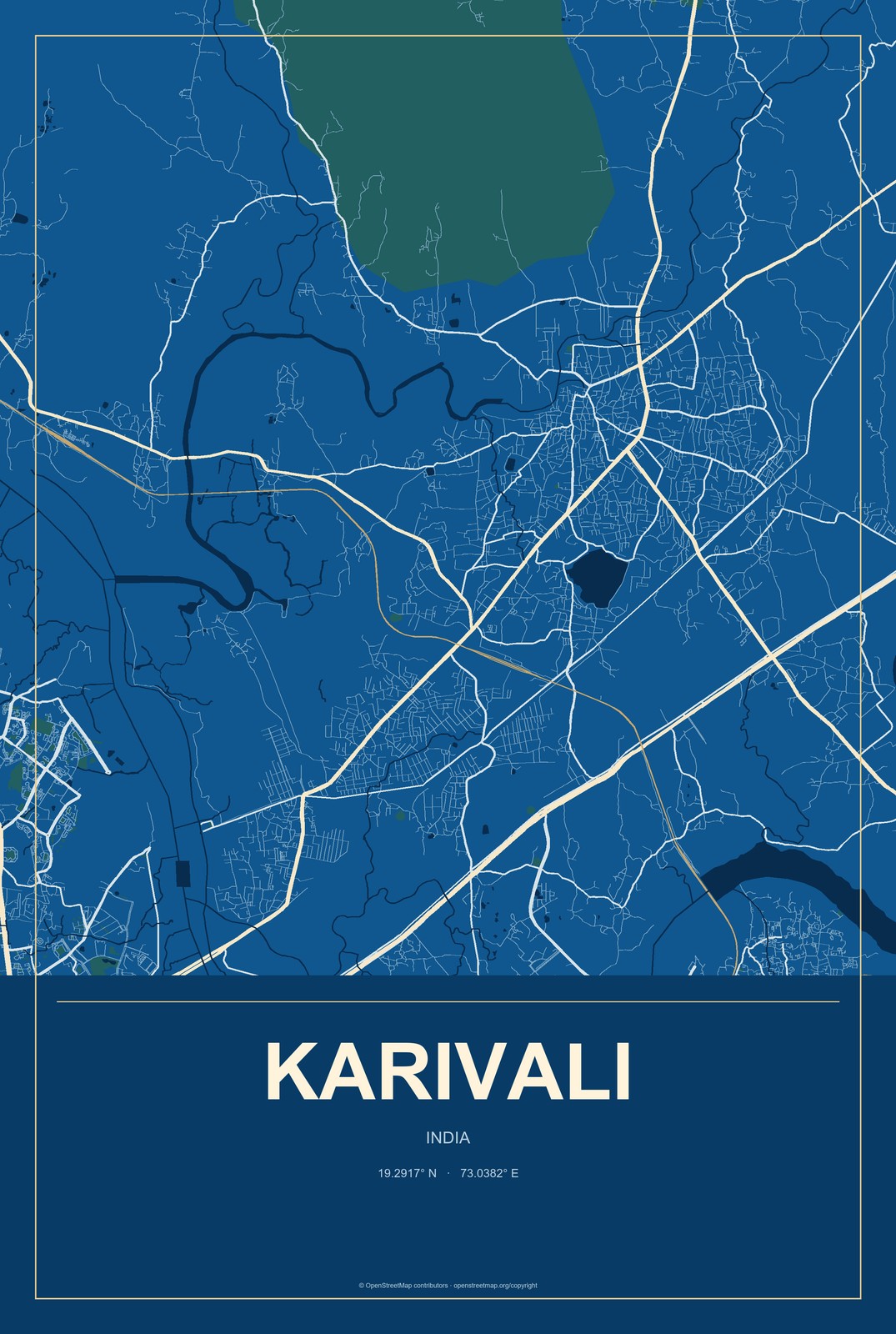 Karivali, India City Map Aluminum Sign in Harbor Cobalt style