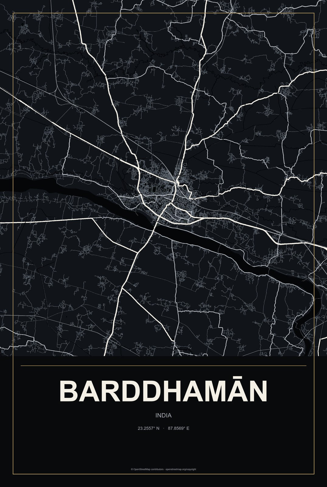 Barddhamān, India City Map Aluminum Sign in Metropolitan Noir style