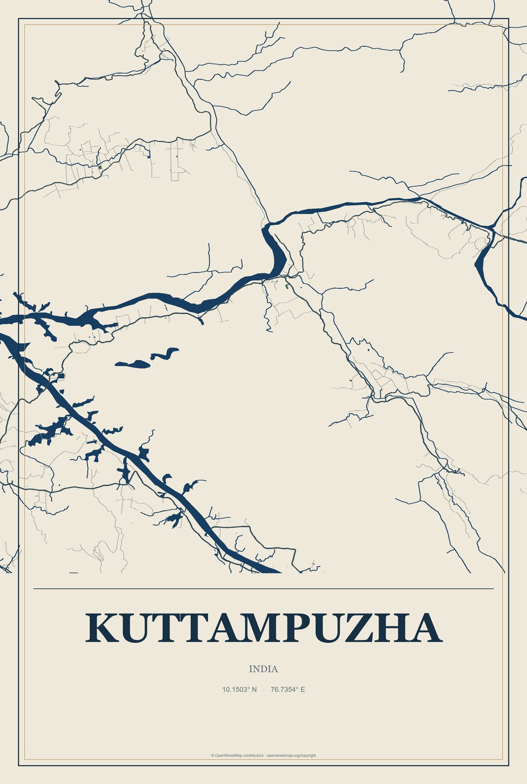 Kuttampuzha, India City Map Aluminum Sign in Coastal Cutout style