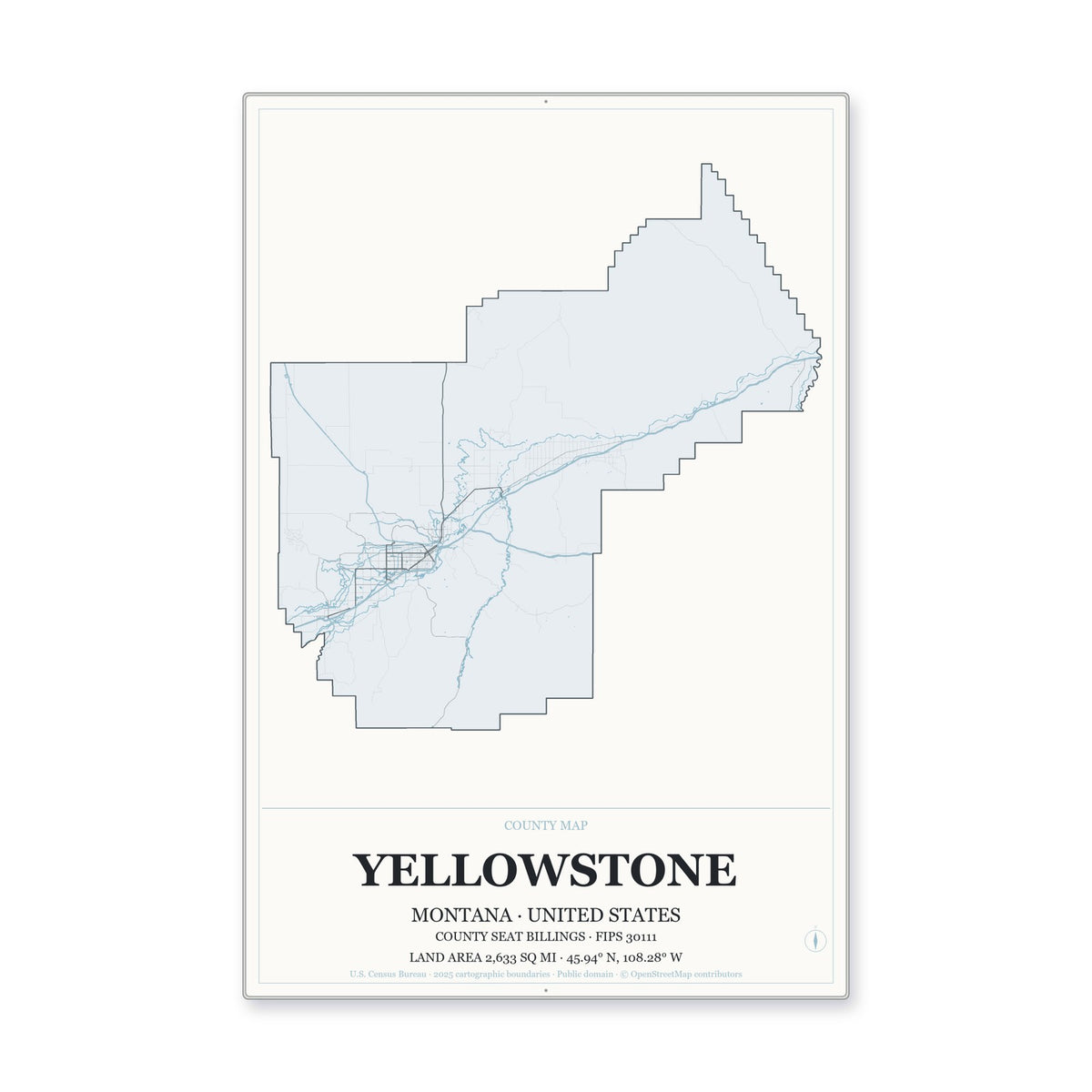 Yellowstone County, Montana Map Aluminum Sign in Gallery Air style