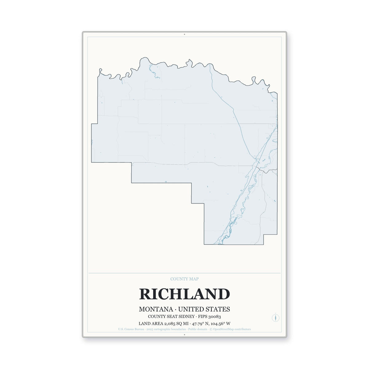 Richland County, Montana Map Aluminum Sign in Gallery Air style