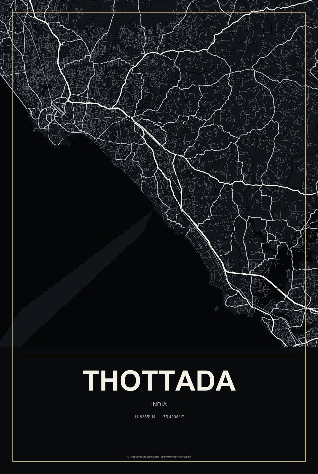 Thottada, India City Map Aluminum Sign in Metropolitan Noir style