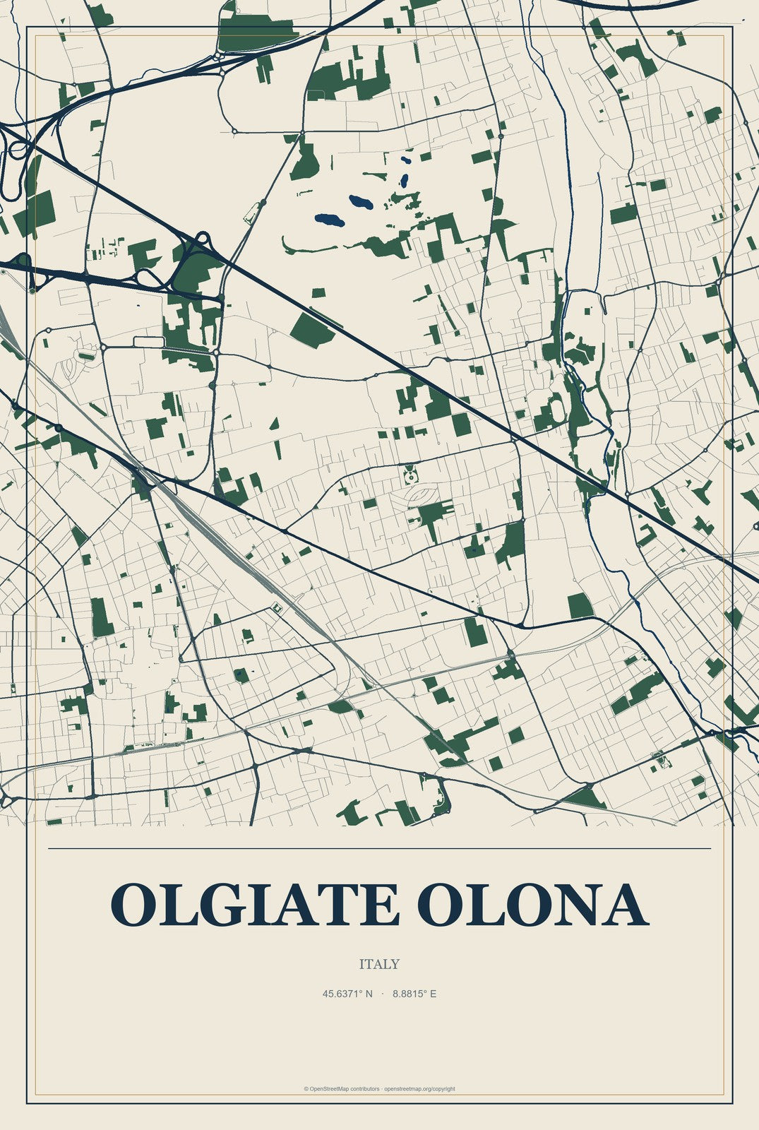Olgiate Olona, Italy City Map Aluminum Sign in Coastal Cutout style