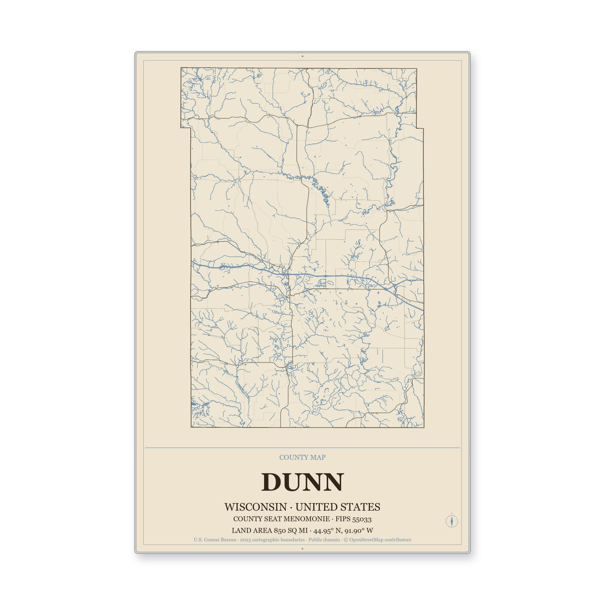 Dunn County, Wisconsin Map Aluminum Sign in Heritage Nautical style