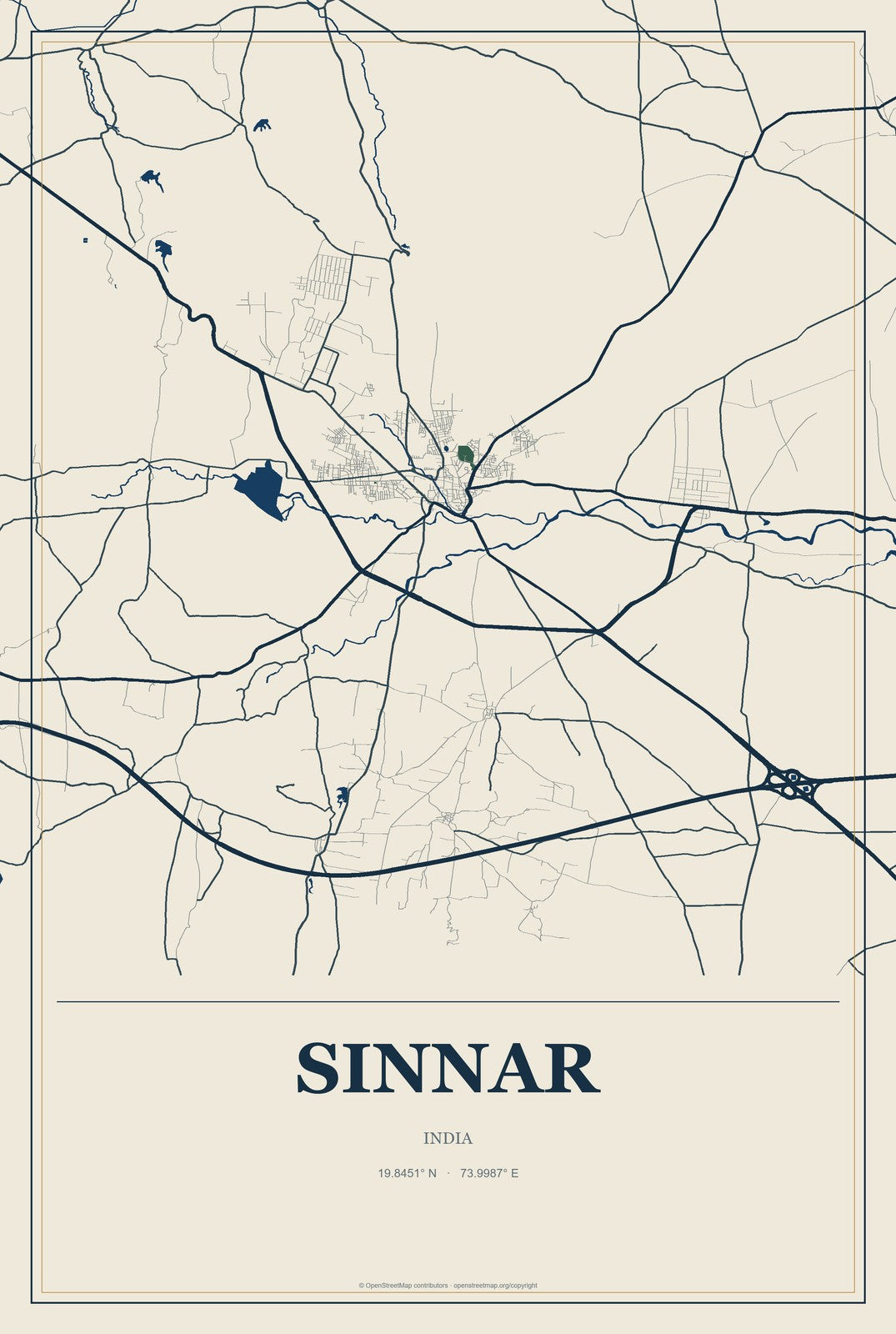 Sinnar, India City Map Aluminum Sign in Coastal Cutout style