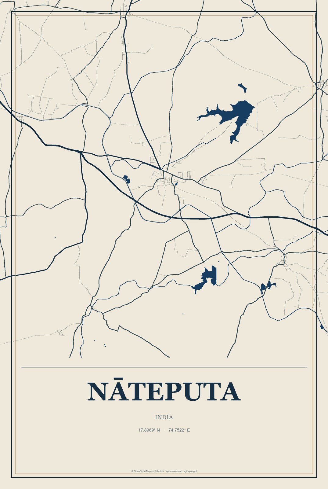 Nāteputa, India City Map Aluminum Sign in Coastal Cutout style