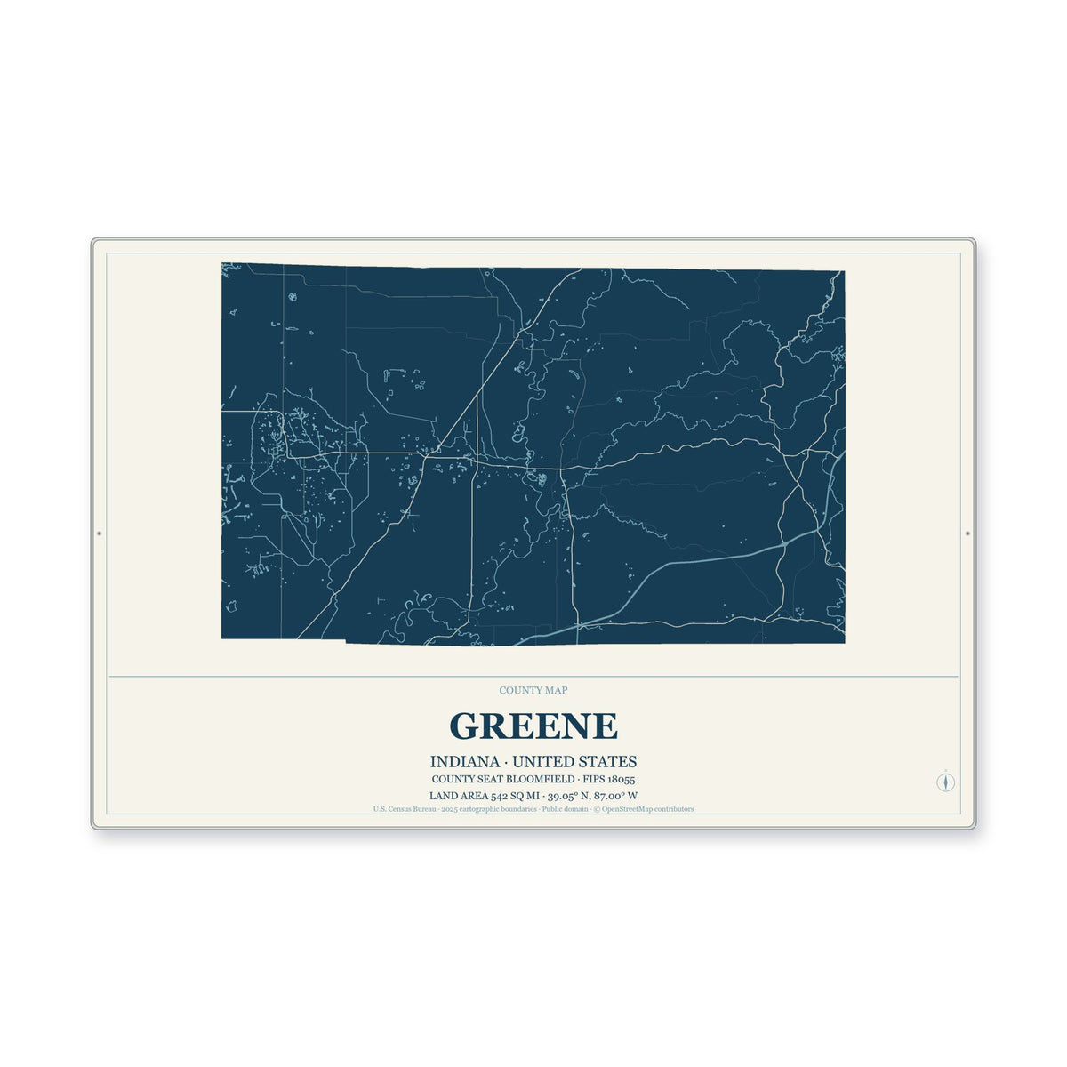 Greene County, Indiana Map Aluminum Sign in Coastal Cutout style