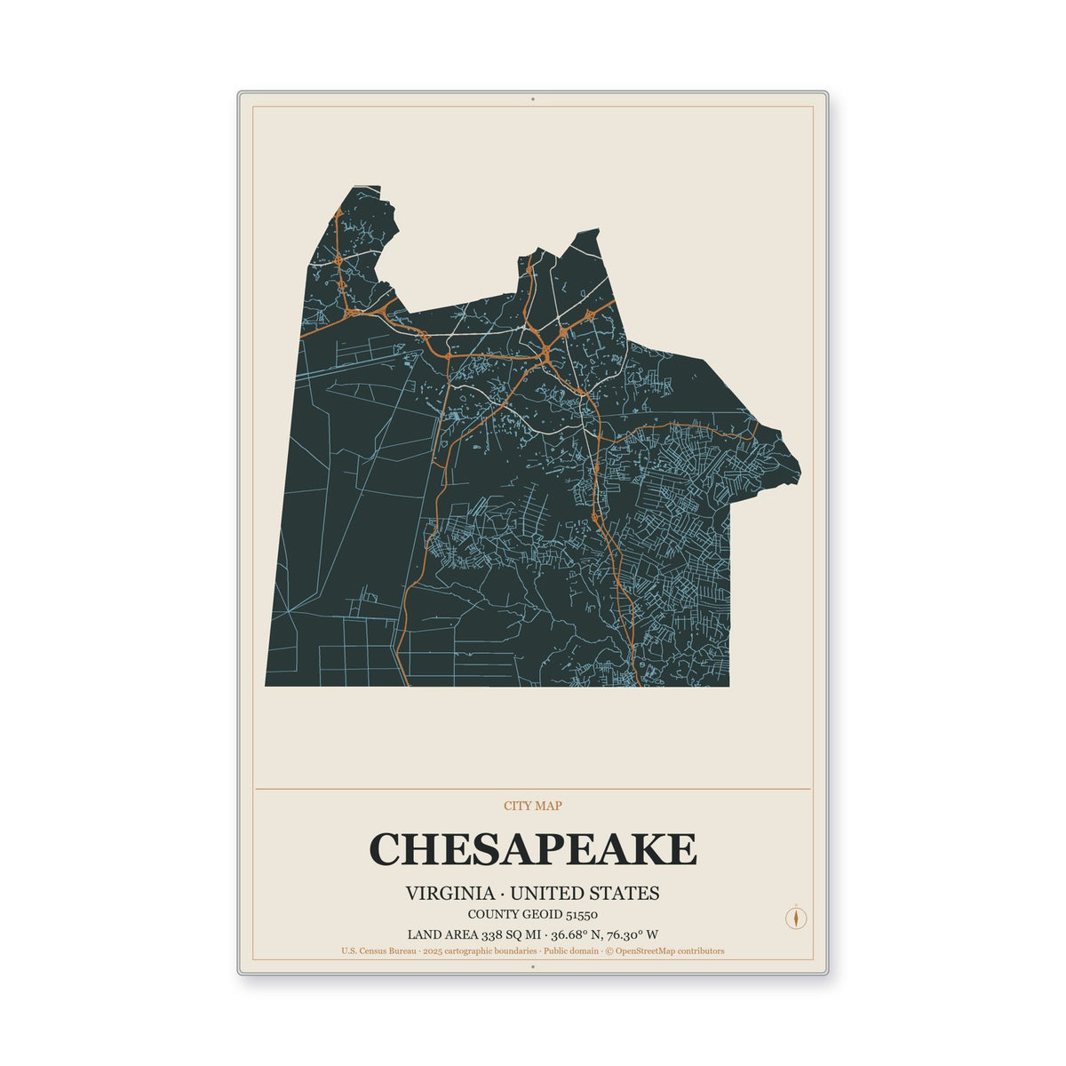 Chesapeake city, Virginia Map Aluminum Sign in Headline Atlas style